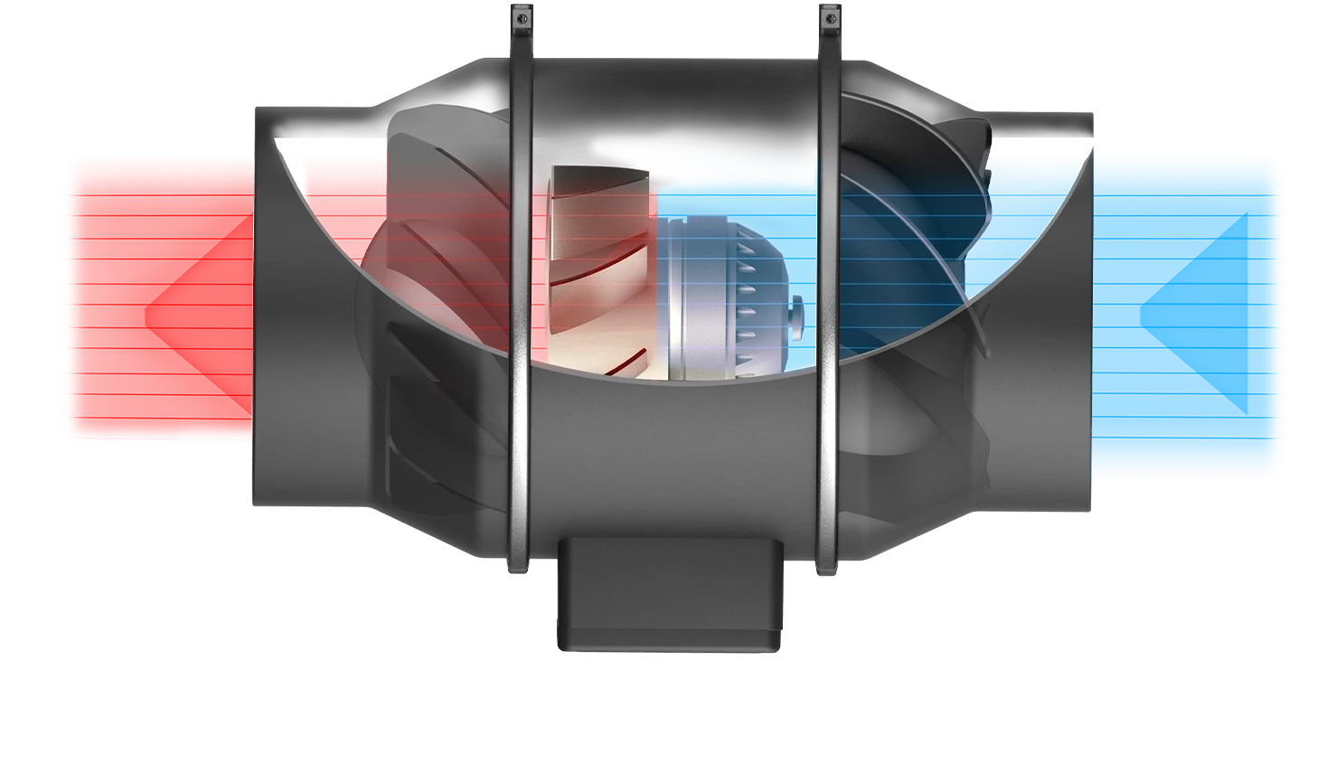 Cross-section cutaway of a Cloudline inline fan showing the mixed-flow blade design and internal EC motor.