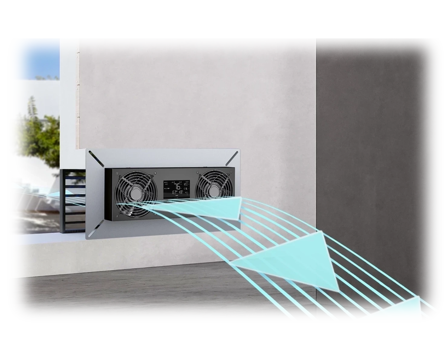 Illustration of an Airtitan fan mounted in a foundation wall, pulling moisture and stale air out of a crawlspace.