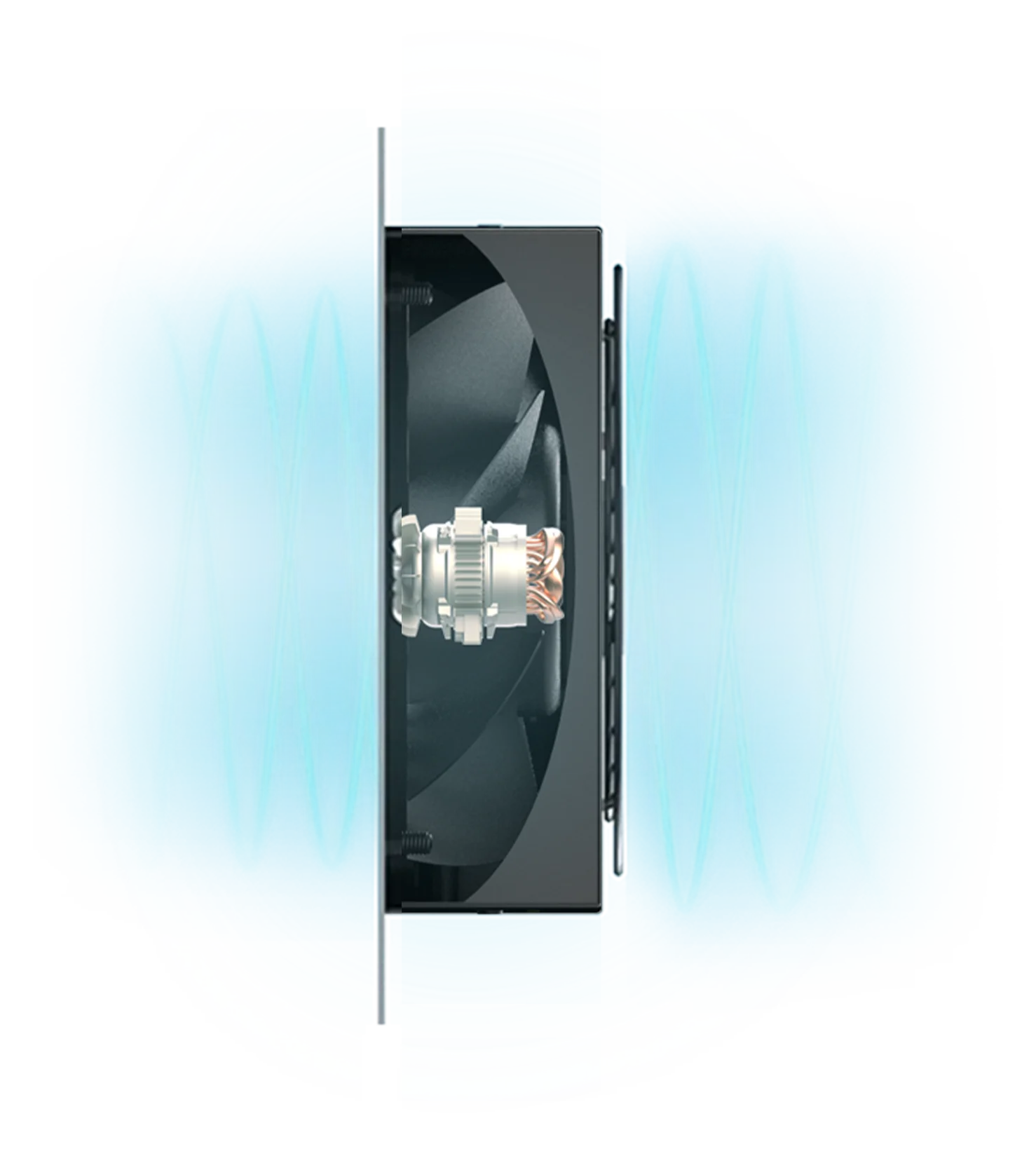 Profile view of an Airtitan fan showing the heavy-duty stainless steel frame and weather-resistant motor components.