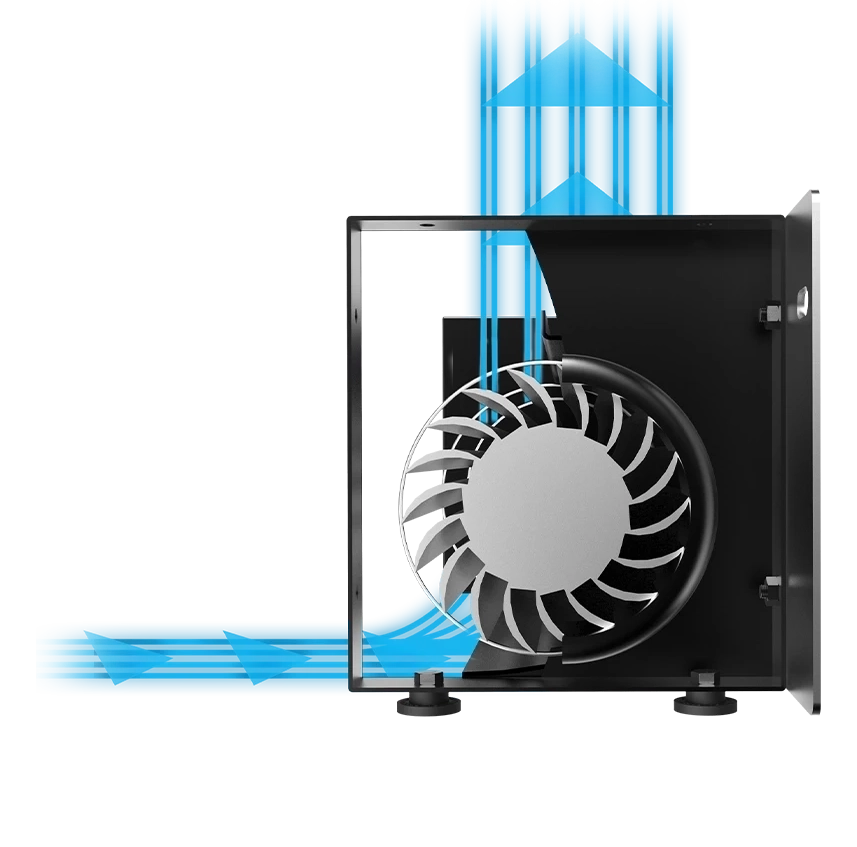 Cross-section diagram highlighting the internal PWM-controlled DC motor and smooth, quiet airflow path.