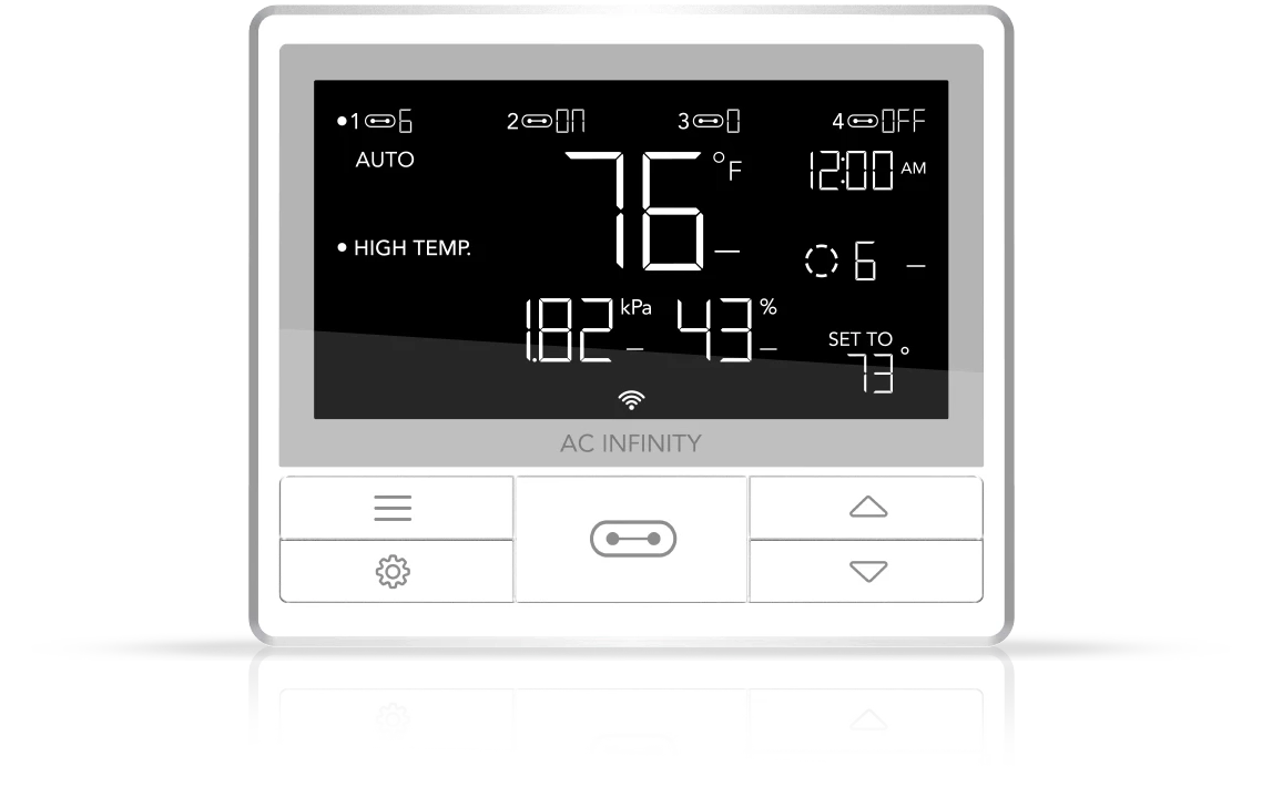 Close-up of the digital controller screen displaying a temperature of 76 degrees Fahrenheit and current humidity settings.