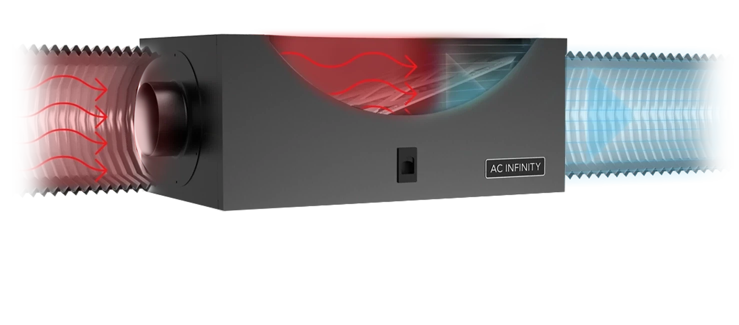 Cutaway illustration of the air filter box showing red intake air being filtered and exiting as clean blue airflow through the ducting.