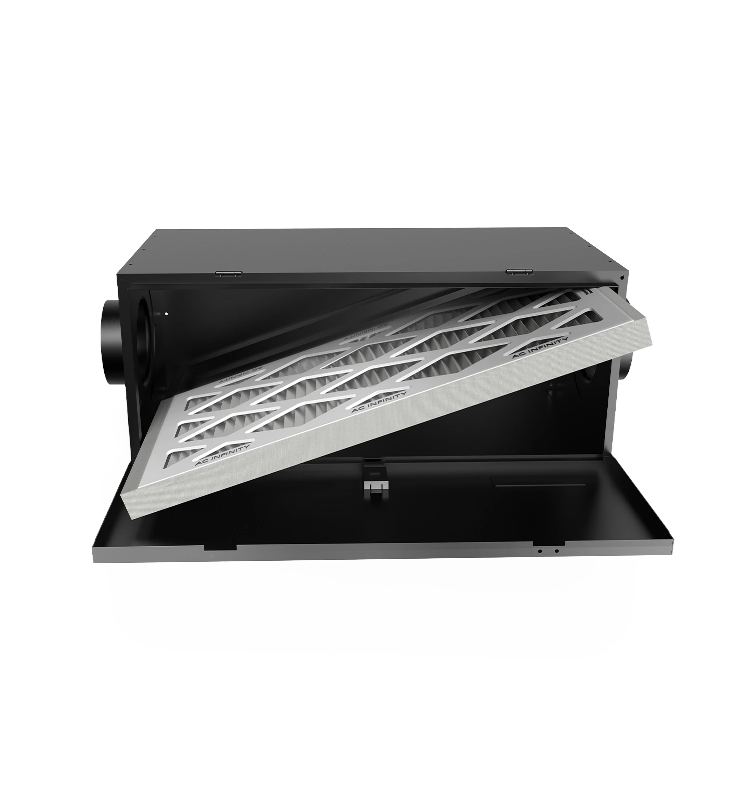 Side view of the air filter box with the hatch open, demonstrating the slide lock system for easy filter removal.