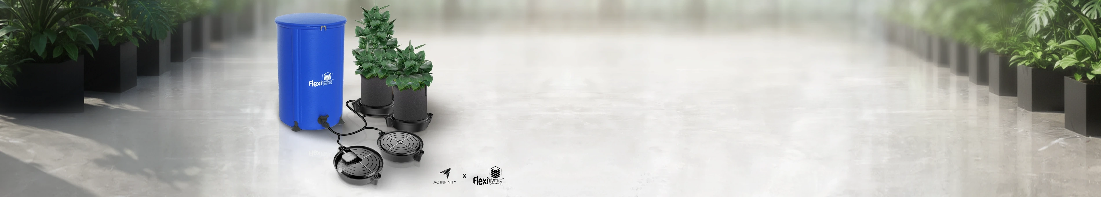 Blue FlexiTank collapsible water reservoir with AutoPot watering system trays and connectors displayed on a reflective surface — AC Infinity x AutoPot Cultivator Kit collaboration