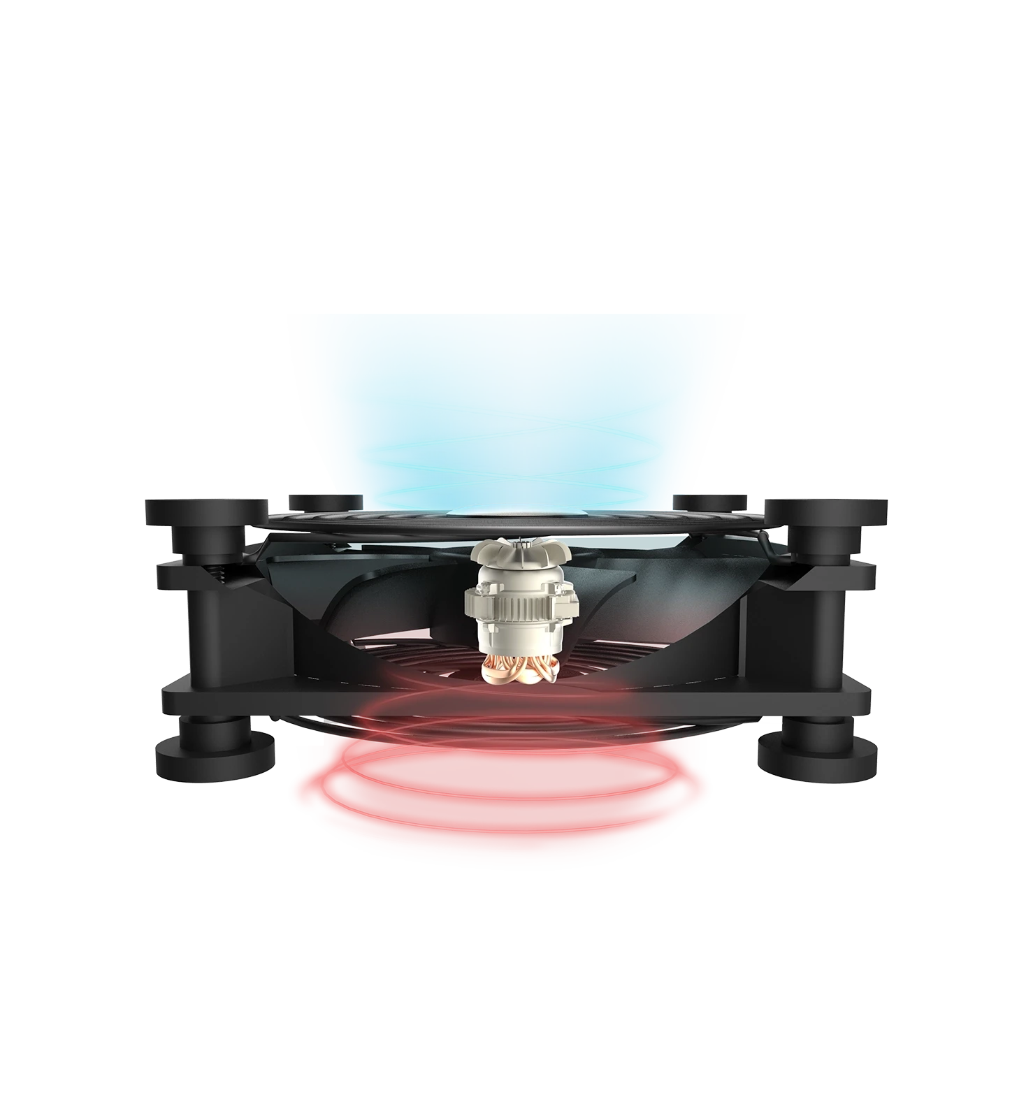Cutaway view of a Multifan USB fan unit highlighting the dual-ball bearing PWM motor and red/blue cooling airflow waves.