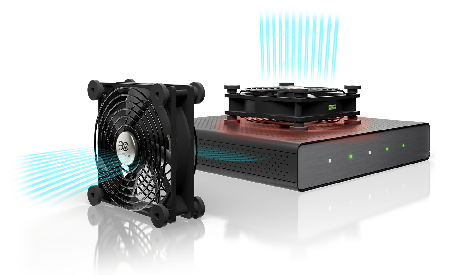 Graphic showing one Multifan unit standing vertically and another lying flat on top of a modem to provide multi-directional cooling.