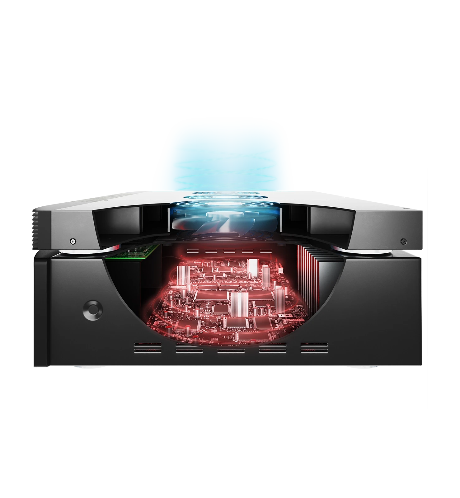 A cross-section view showing the internal dual-ball bearing fan and PWM motor of an AC Infinity Aircom unit.