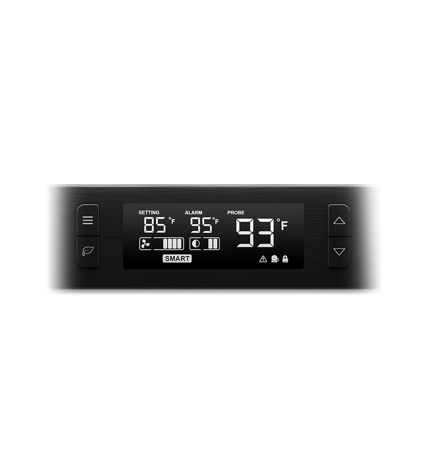 Front view of the AC Infinity Aircom T-Series digital controller unit with an active LCD display showing temperature and settings.