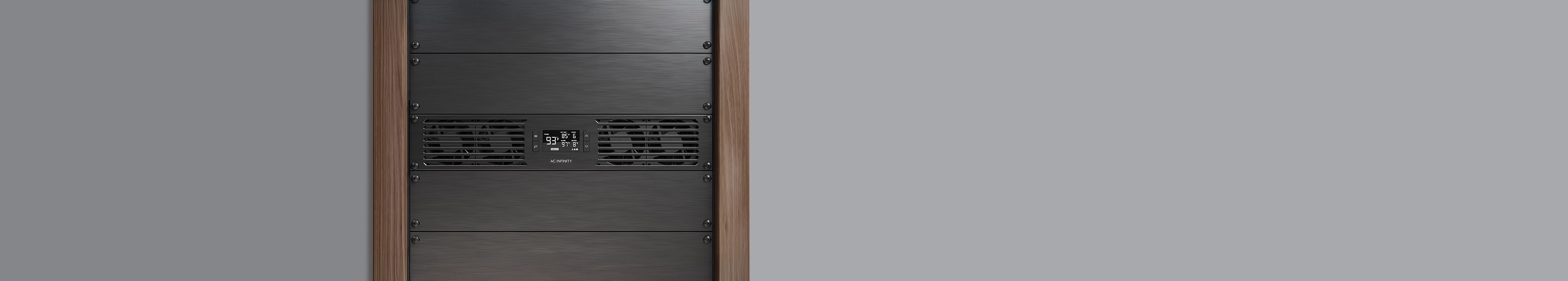 Cloudplate rack fan system installed in a high-end server rack, displaying a digital temperature reading of 93 degrees.