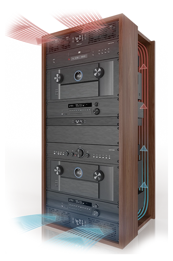 Diagram of a wooden equipment rack showing the Cloudplate system exhausting red hot air out the top and drawing blue cool air through the bottom components.