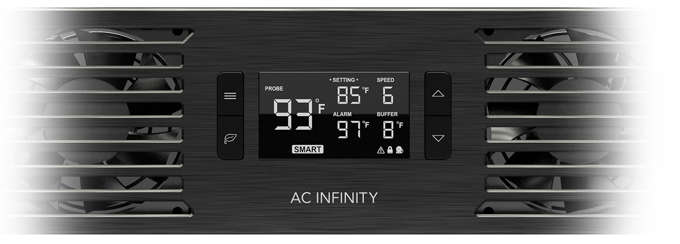 Front faceplate view of the Cloudplate rack cooling unit highlighting the central LCD thermostat and dual-fan ventilation grilles.
