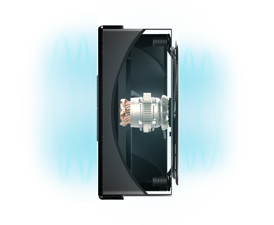 Internal cross-section of a Cloudplate fan showing the high-performance PWM motor and dual-ball bearing assembly with silent airflow waves.