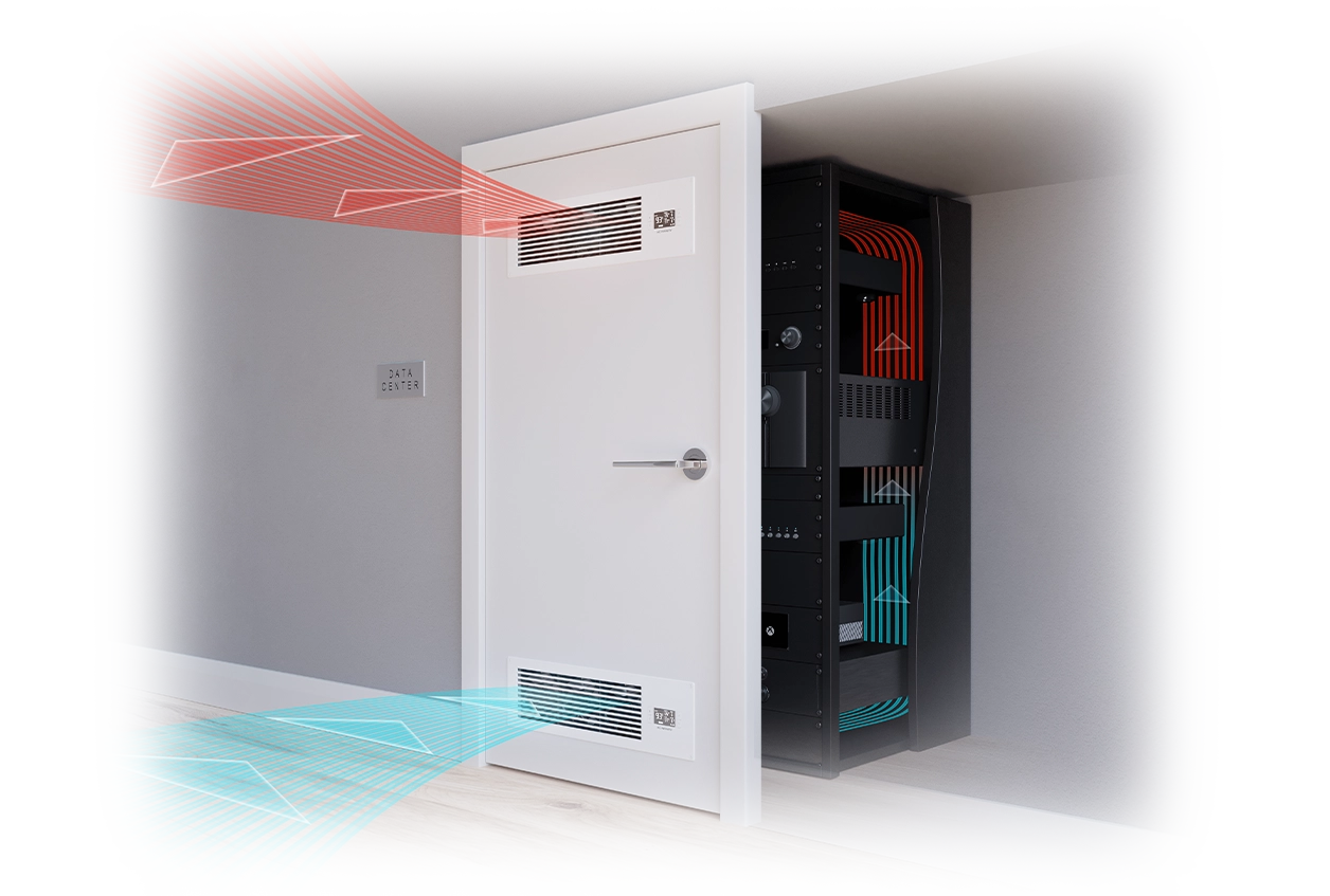 Illustration of a closet housing an equipment rack, showing the Airframe system exhausting hot air out of the top vent while drawing cool air into the bottom vent.