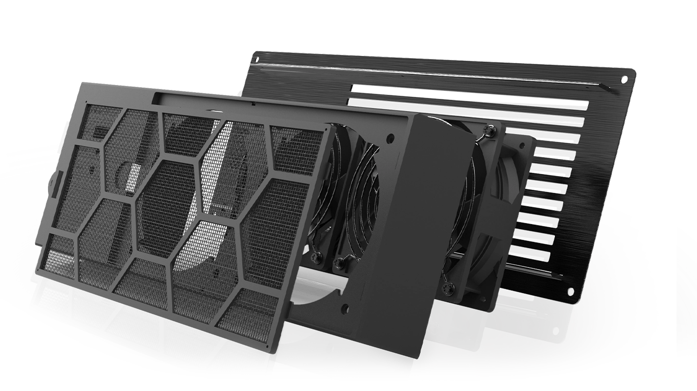 Exploded view of the Airframe unit showing the detachable nylon mesh filter and honeycomb intake grille.