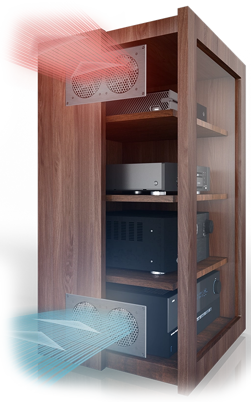 Diagram of an AV cabinet showing the Airplate system exhausting hot air (red arrows) out the top and drawing cool air (blue arrows) in through the bottom.