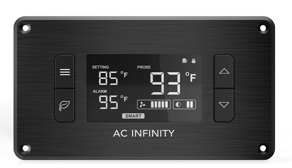 Close-up of the Airplate T-Series digital LCD thermostat controller showing temperature probe readings and fan speed settings.