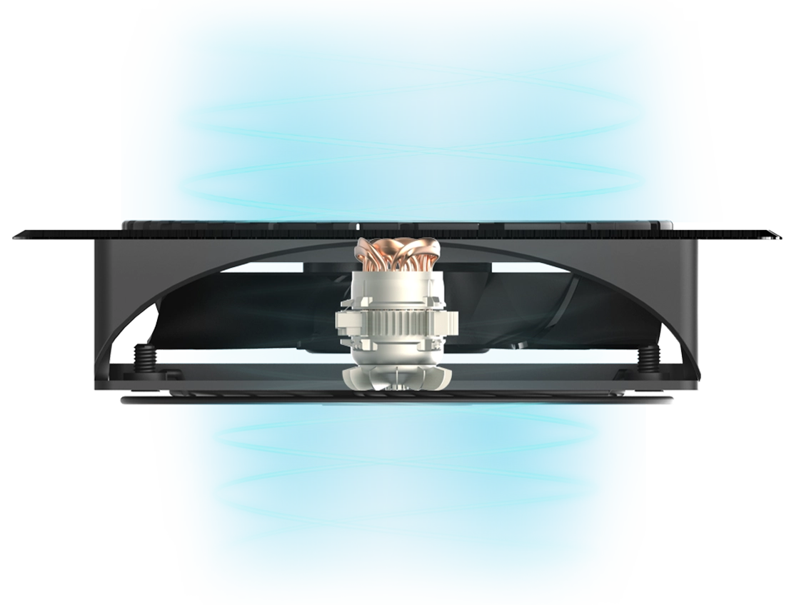Cutaway view of an Airplate fan unit showing the dual-ball bearing PWM motor and blue silent airflow waves.