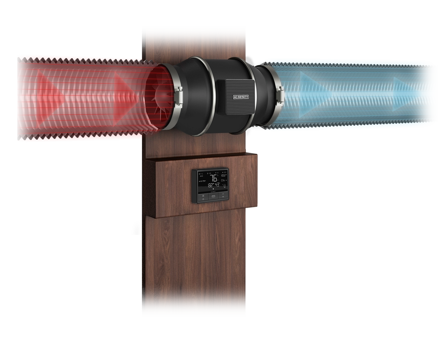 Illustration of a Cloudline fan system mounted to a wood wall, showing red heated exhaust air exiting and cool blue air entering through the ducting.
