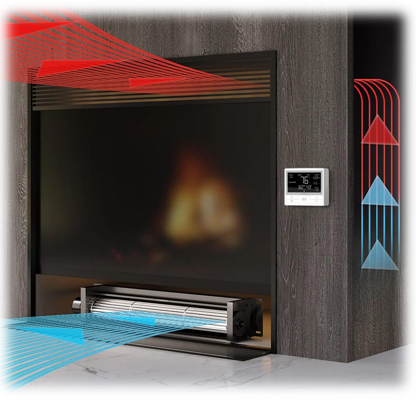 Diagram showing cool blue air entering the fireplace blower and warm red air circulating back into the living space.