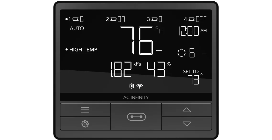 Close-up of a smart HVAC controller screen displaying 76°F, 43% humidity, 1.82 kPa pressure, and active Wi-Fi/Auto icons.