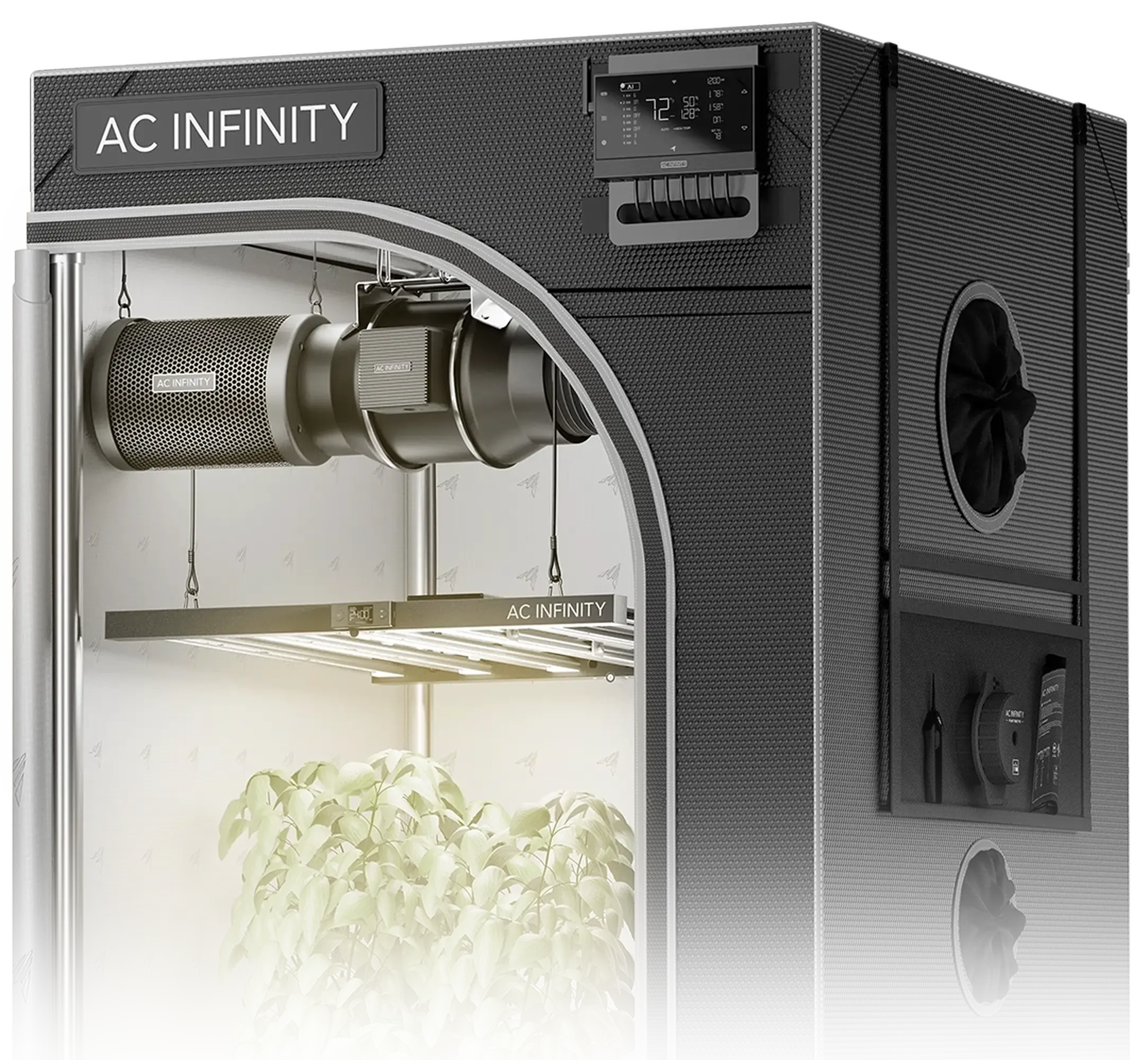 Full AC Infinity indoor grow setup featuring a grow tent, ventilation system, and Ionframe LED light