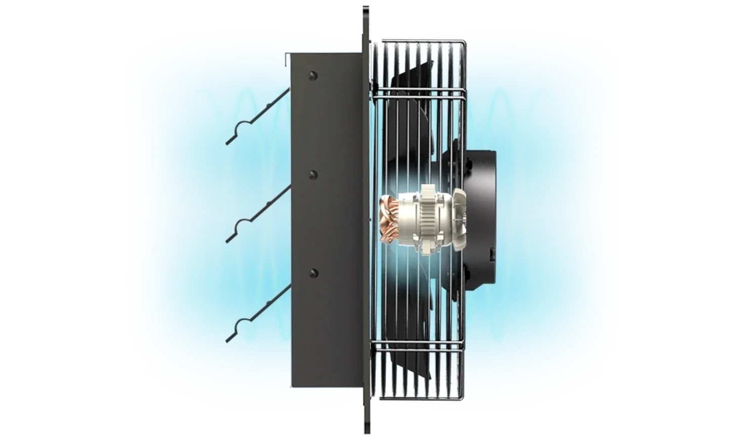 Side-profile cutaway of an exhaust fan showing the internal copper-wire motor and the automatic gravity shutters.