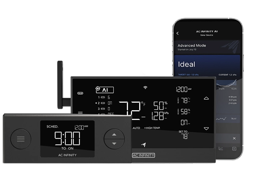 Two AC Infinity UIS hardware controllers displaying digital schedules and climate readings, positioned next to a smartphone showing the companion app's advanced climate data graphs