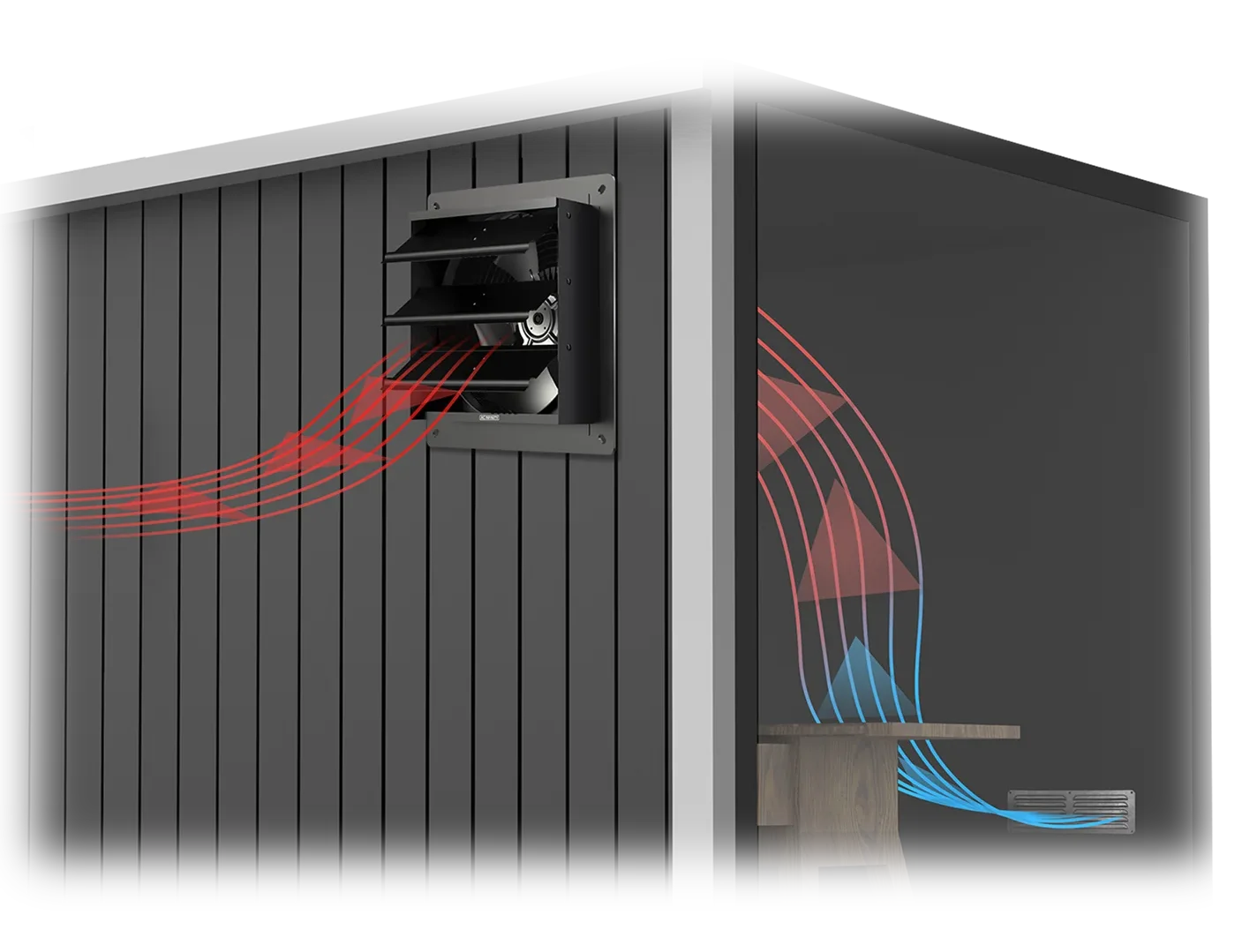 Diagram of workshop ventilation showing hot air (red arrows) exiting through a wall fan and cool air (blue arrows) entering via a floor vent.