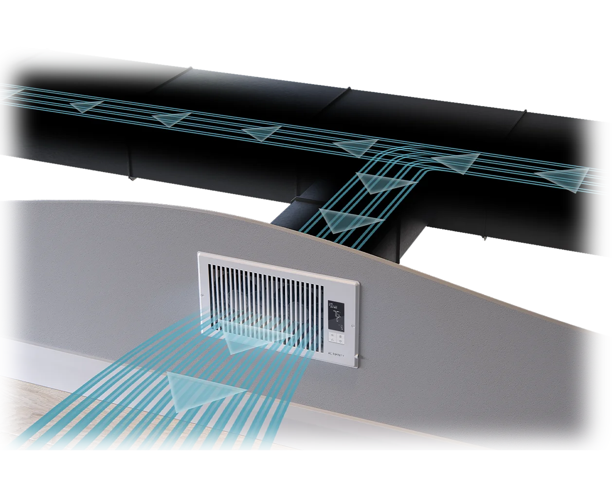 Cutaway diagram of a home duct system showing the Airtap fan pulling blue airflow through the vent into the room.