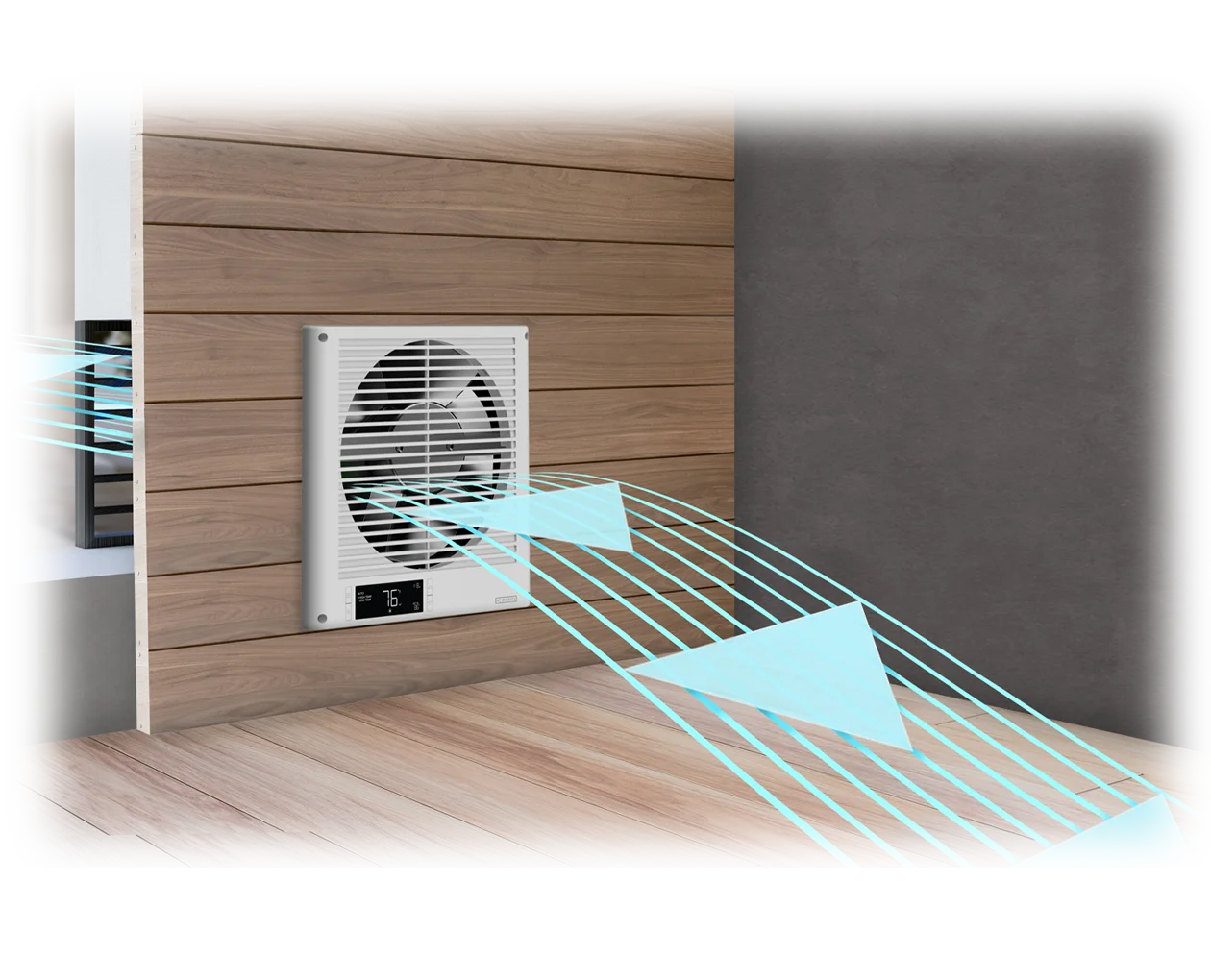 Graphic of the fan unit showing red heated air being pulled through the wall from one room, and blue cooling airflow exiting into the adjacent room.