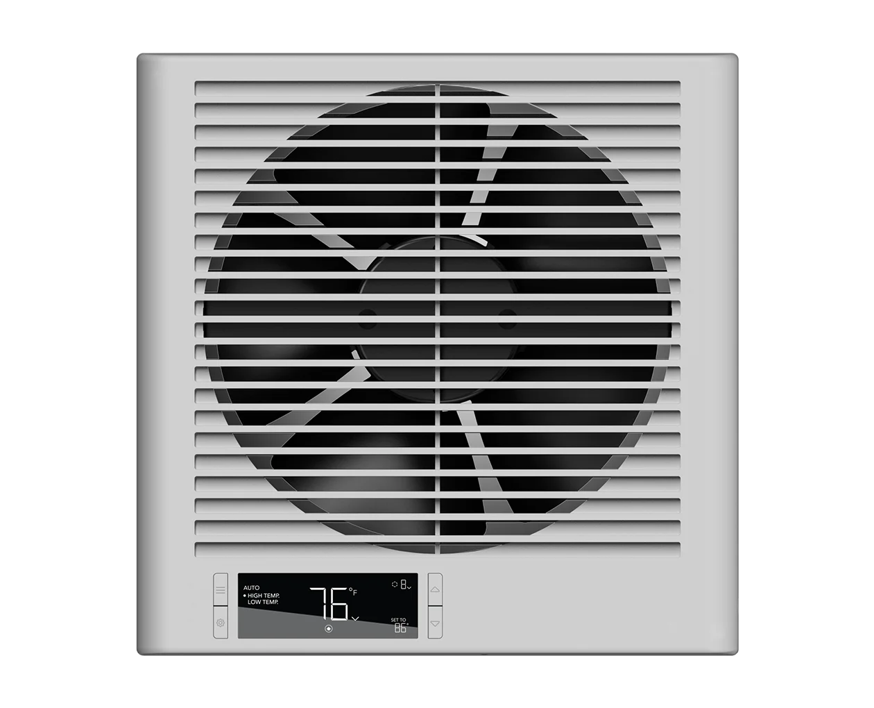 View of the square white fan grille, highlighting the lower left corner where the built-in digital thermal controller with programming buttons is located.
