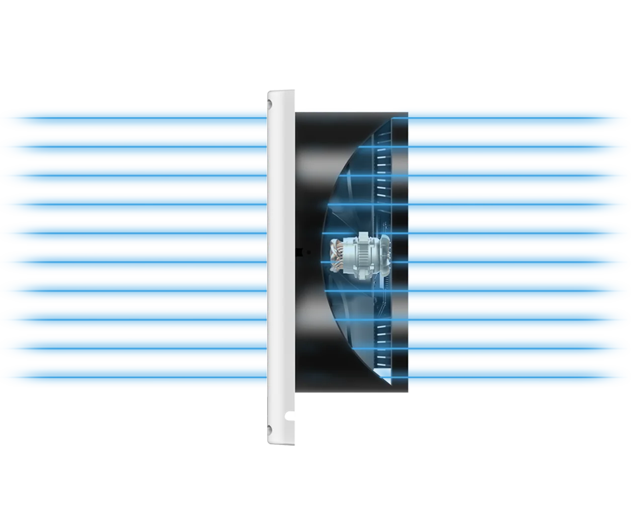 Side profile view of the white flush-mount fan grille, emphasizing its sleek, low-profile design where it sits nearly flush against the dark wall surface.