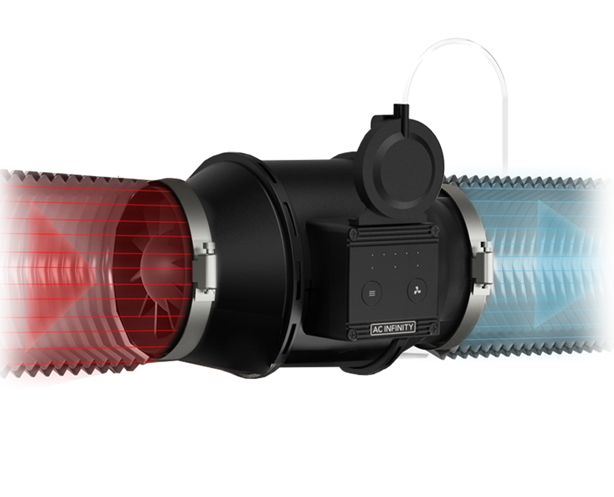 Graphic of the automatic booster fan showing red heated intake air being pulled through and exiting as blue cooled airflow.