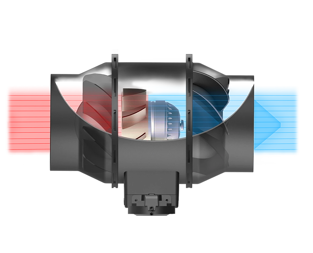 Internal cutaway diagram of the booster fan highlighting the high-performance motor and aerodynamic fan blade design.