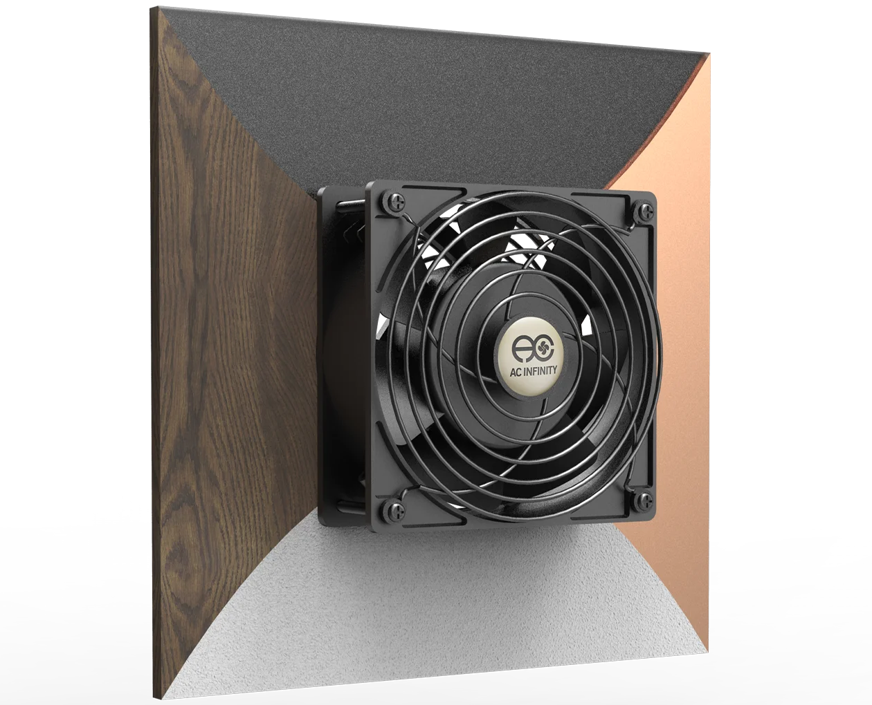 Diagram of an Axial fan mounted to a wood wall showing red heated air being exhausted and blue cool air entering.