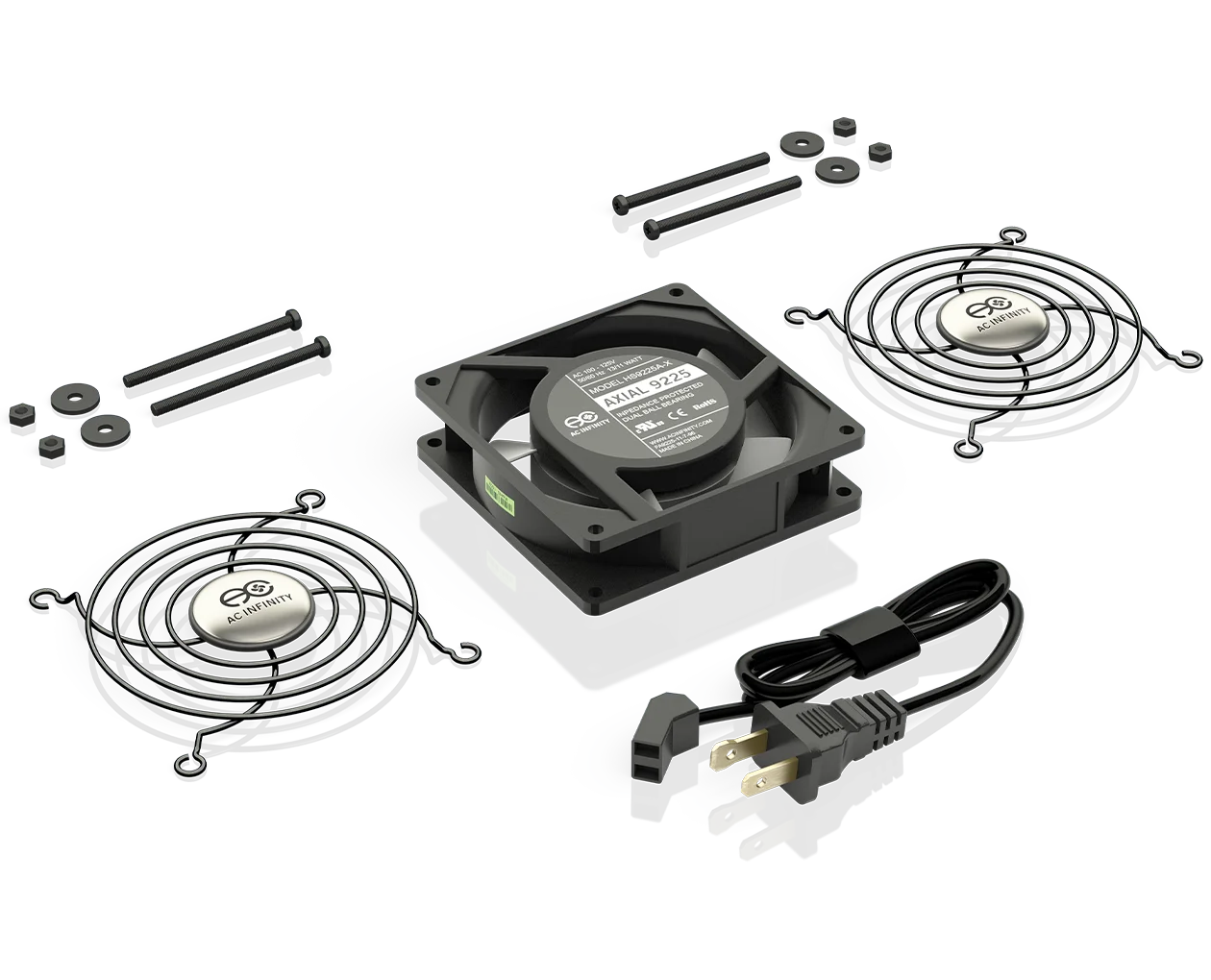 Axial fan kit showing the fan unit, inline speed controller, and mounting hardware.
