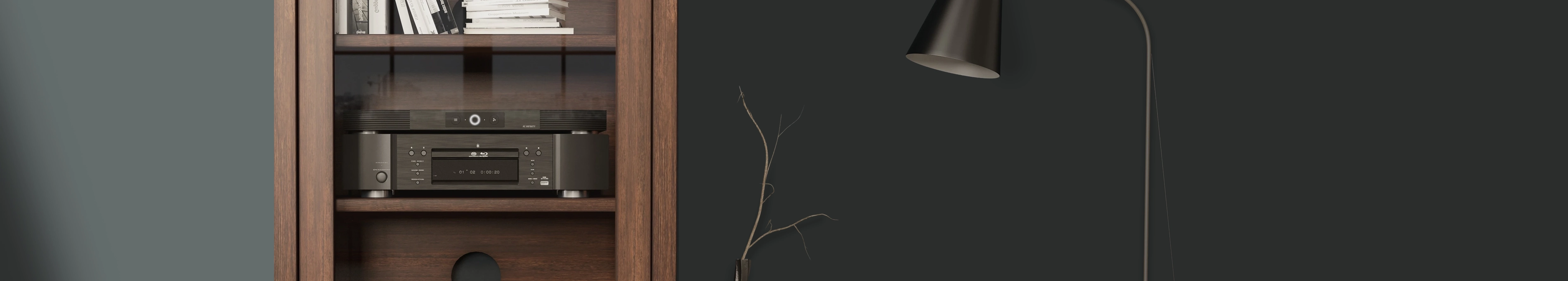 AC Infinity Aircom Series AV Receiver Cooling Fan system on top of a home theater receiver in a cabinet.