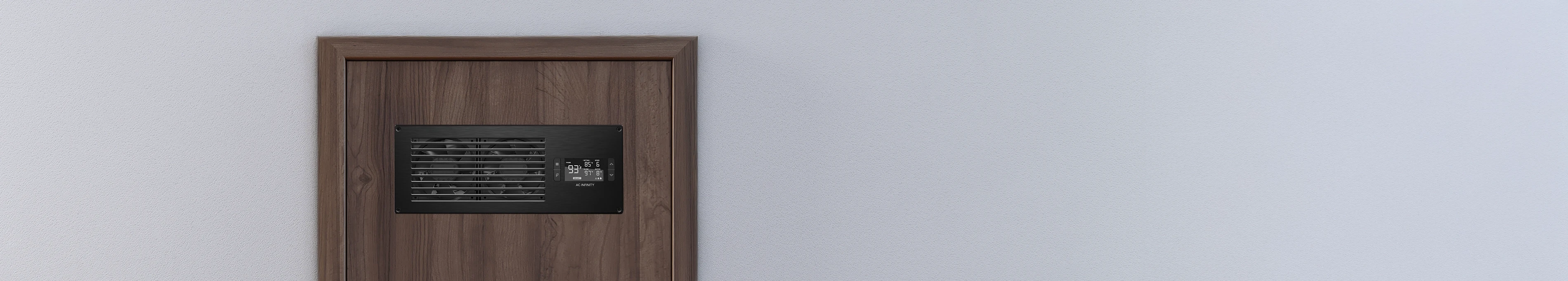 Airframe series closet fan system with digital controller mounted on a modern dark wood door.