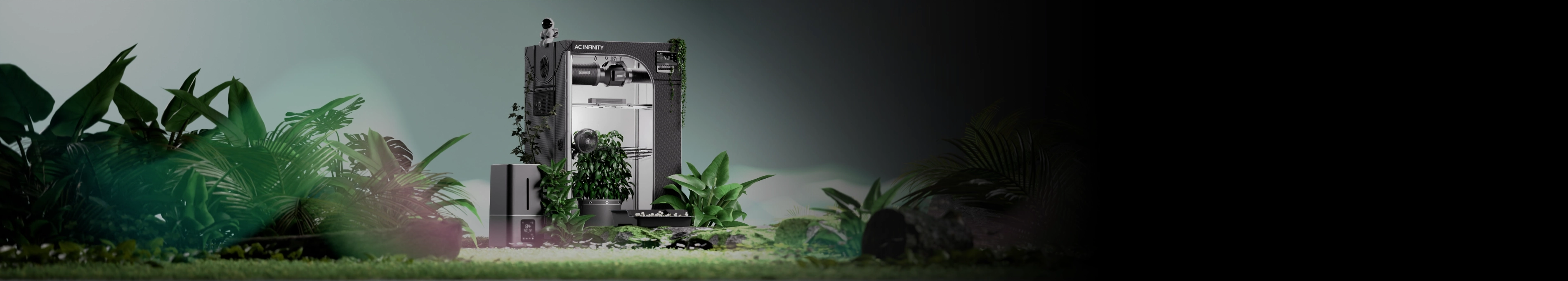 AC Infinity 420 promotional banner showing a complete indoor grow tent system setup with plants, grow light, ventilation, and humidifier in a lush garden setting.