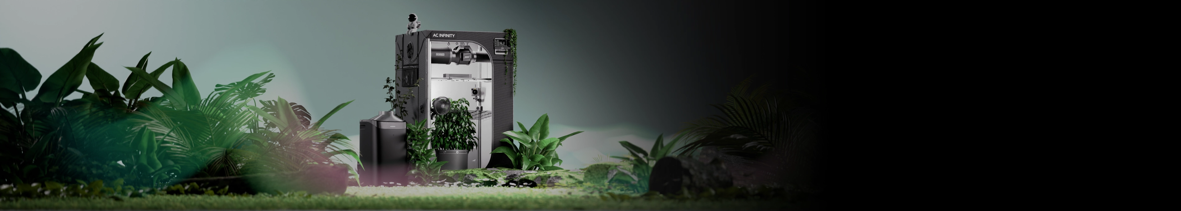 AC Infinity 420 promotional banner showing a complete indoor grow tent system setup with plants, grow light, ventilation, and humidifier in a lush garden setting.