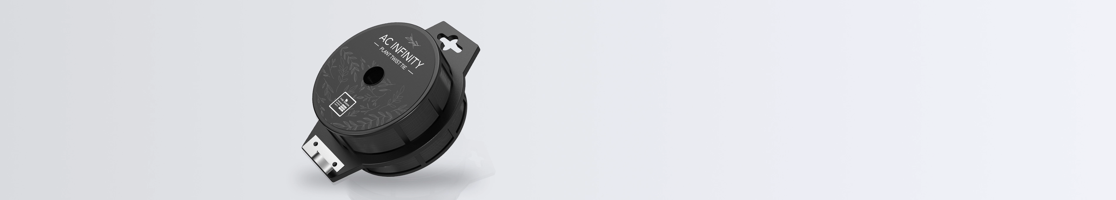 A black spool of AC Infinity Plant Twist Tie featuring a leafy design and a built-in metal cutter, set against a plain white background