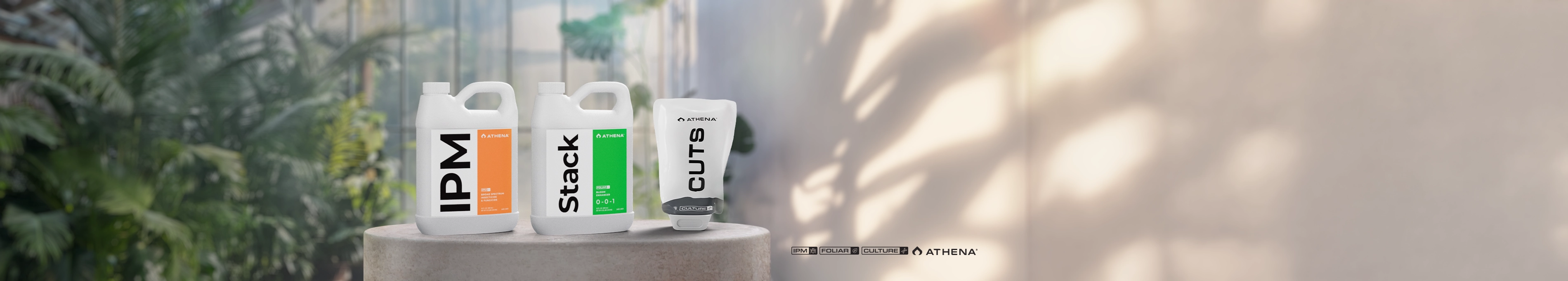 Three Athena brand plant supplements—IPM, Stack, and Cuts—displayed on a stone pedestal against a brightly lit, blurred greenhouse background.