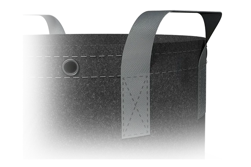 Bottom view of fabric pot demonstrating rapid drainage to prevent water stagnation.