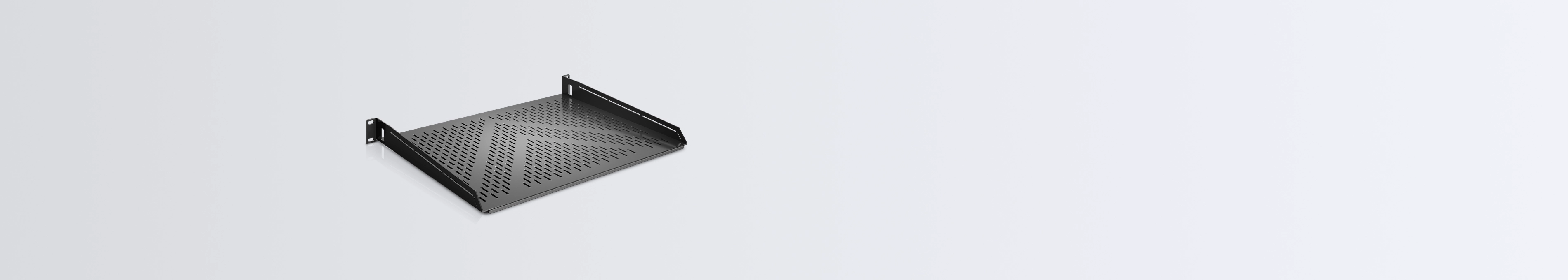 A black, vented metal rack shelf with side mounting brackets.