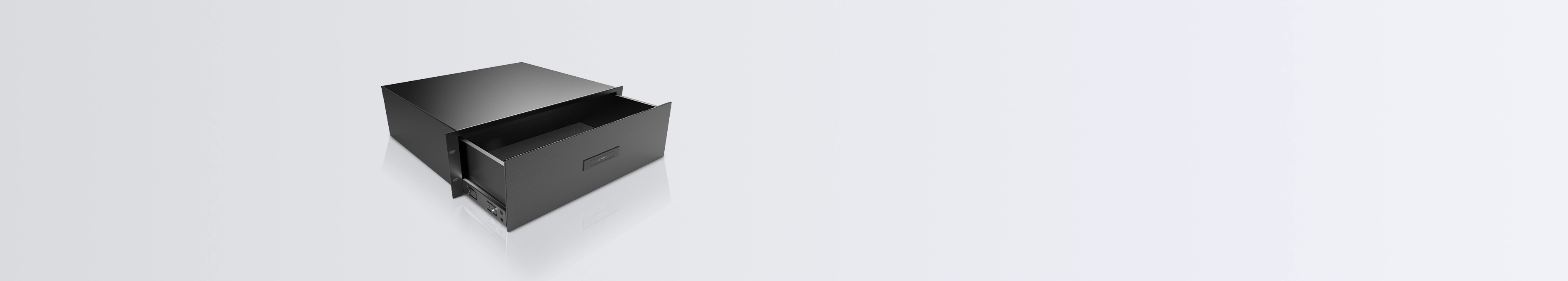 A solid black metal equipment rack drawer, shown partially open.