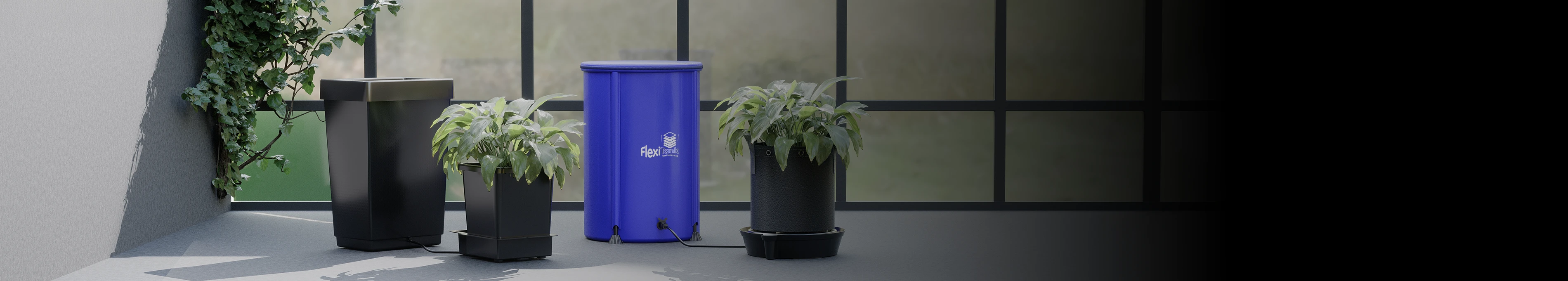 An AutoPot self-watering hydroponic system integration featuring a collapsible FlexiTank reservoir supplying water to rows of potted grow plants using gravity pressure.