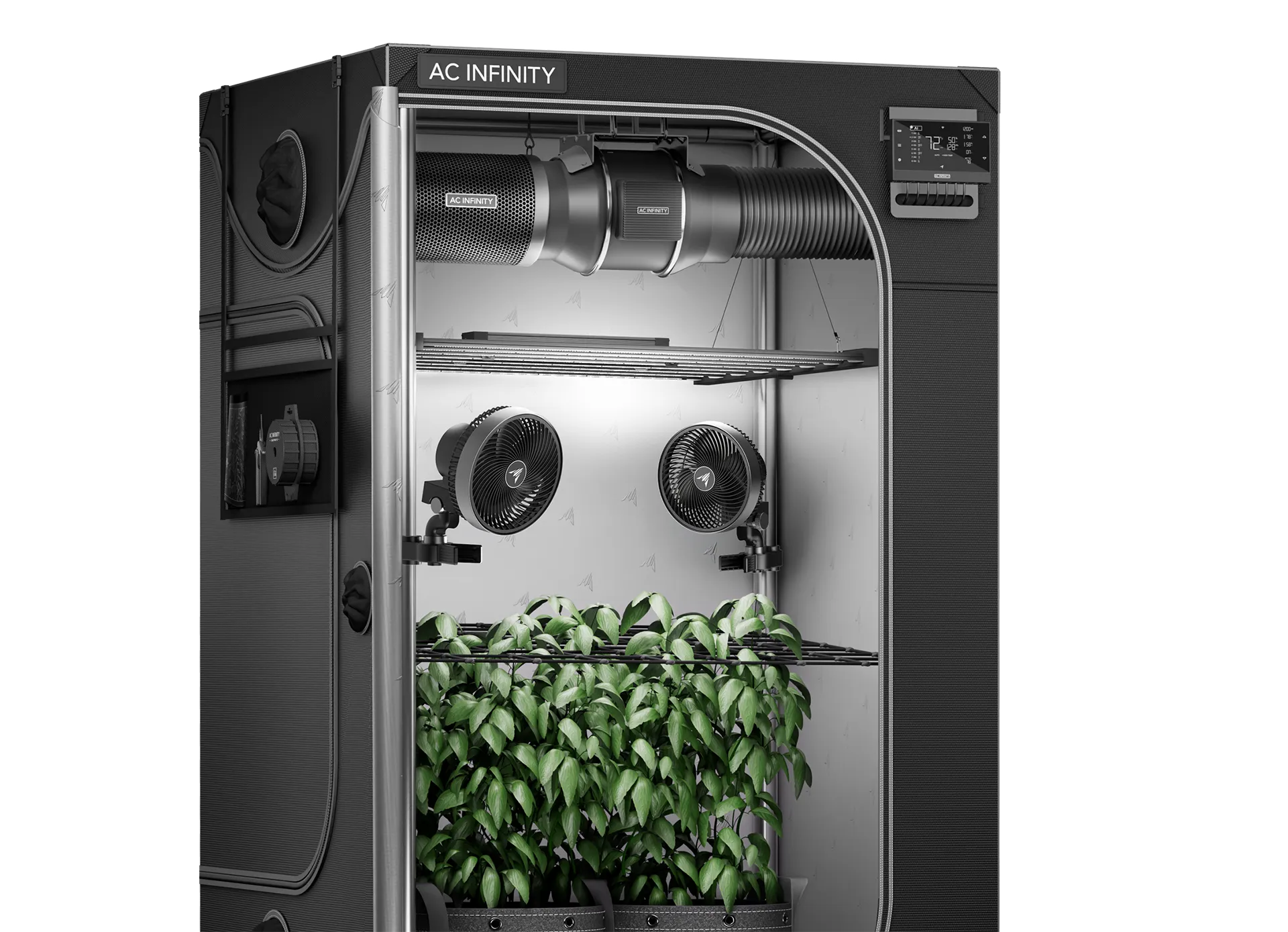 Advance Grow Tent System complete kit showing the tent exterior, inline fan, carbon filter, LED grow light, oscillating clip fan, and smart controller.
