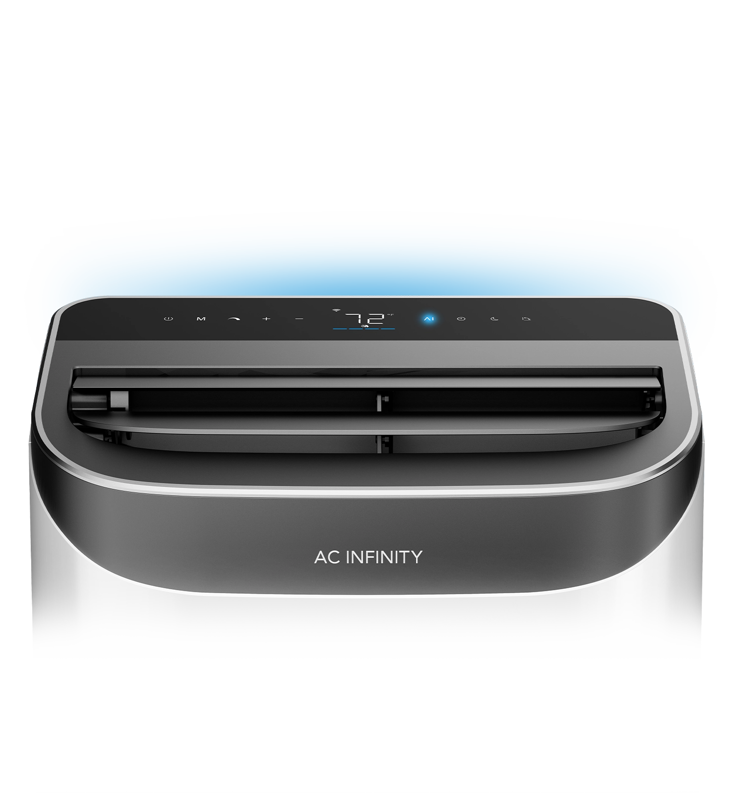 Close-up of the top digital control panel and vents of an AC Infinity portable air conditioner, displaying 72 degrees and an illuminated blue AI button against a black background.