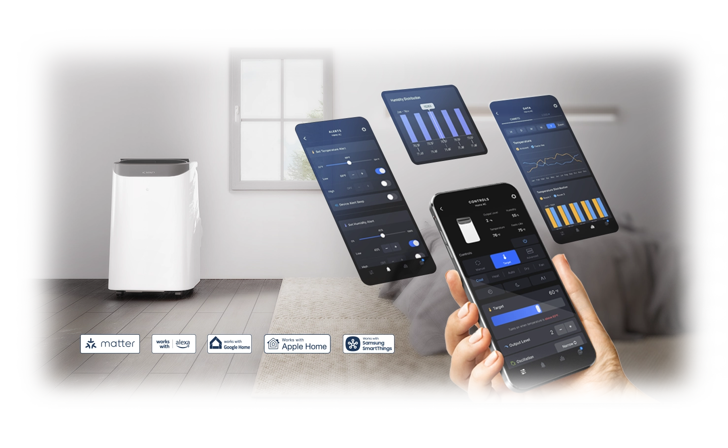 Hand holding a smartphone displaying a smart control app with floating data screens, set against a bedroom background with a white portable air conditioner. Logos at the bottom indicate compatibility with Matter, Alexa, Google Home, Apple Home, and Samsung SmartThings.