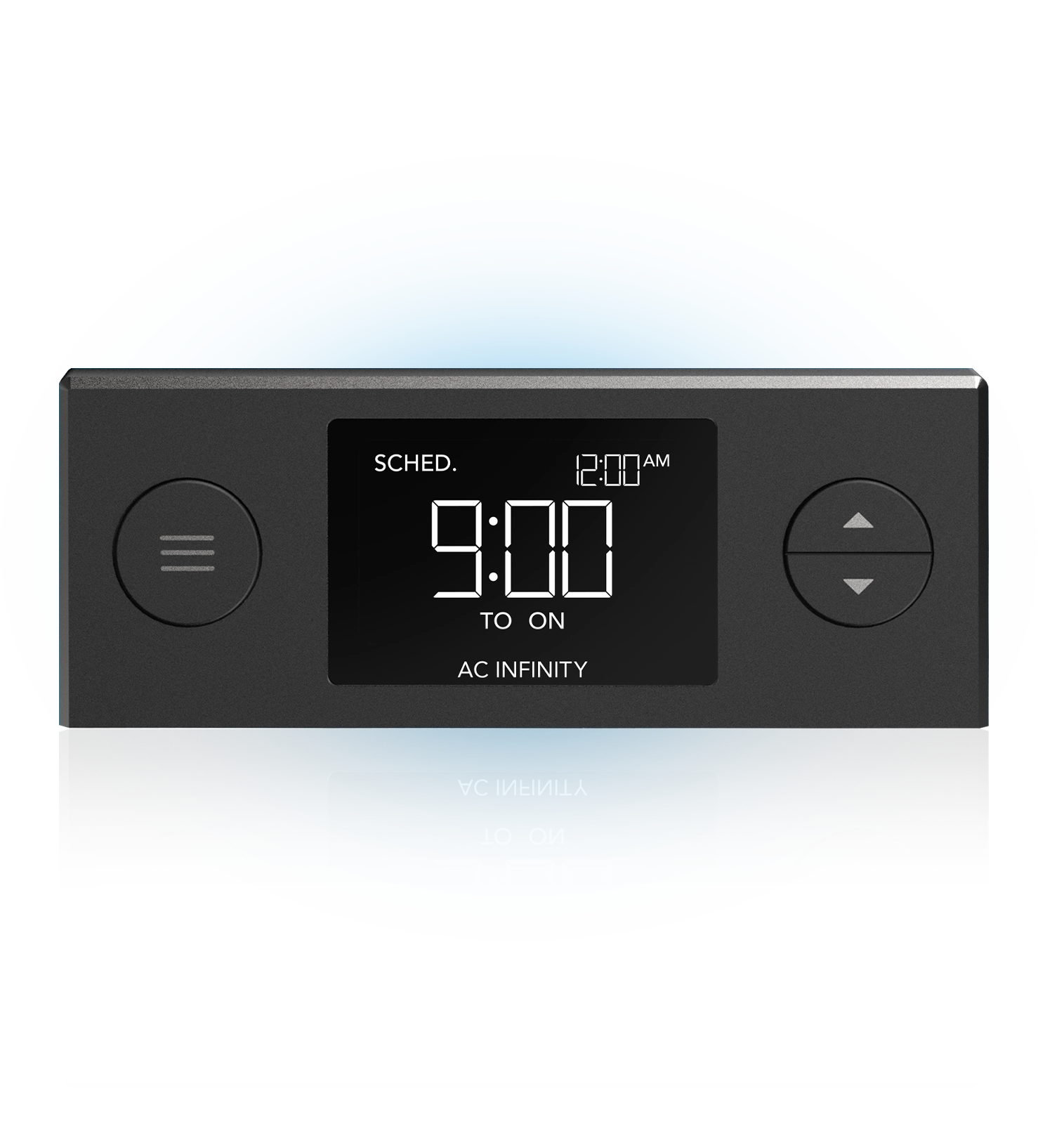 Close-up of the AC Infinity programmable digital controller and timer, showing automated scheduling features for indoor LED grow lighting systems.